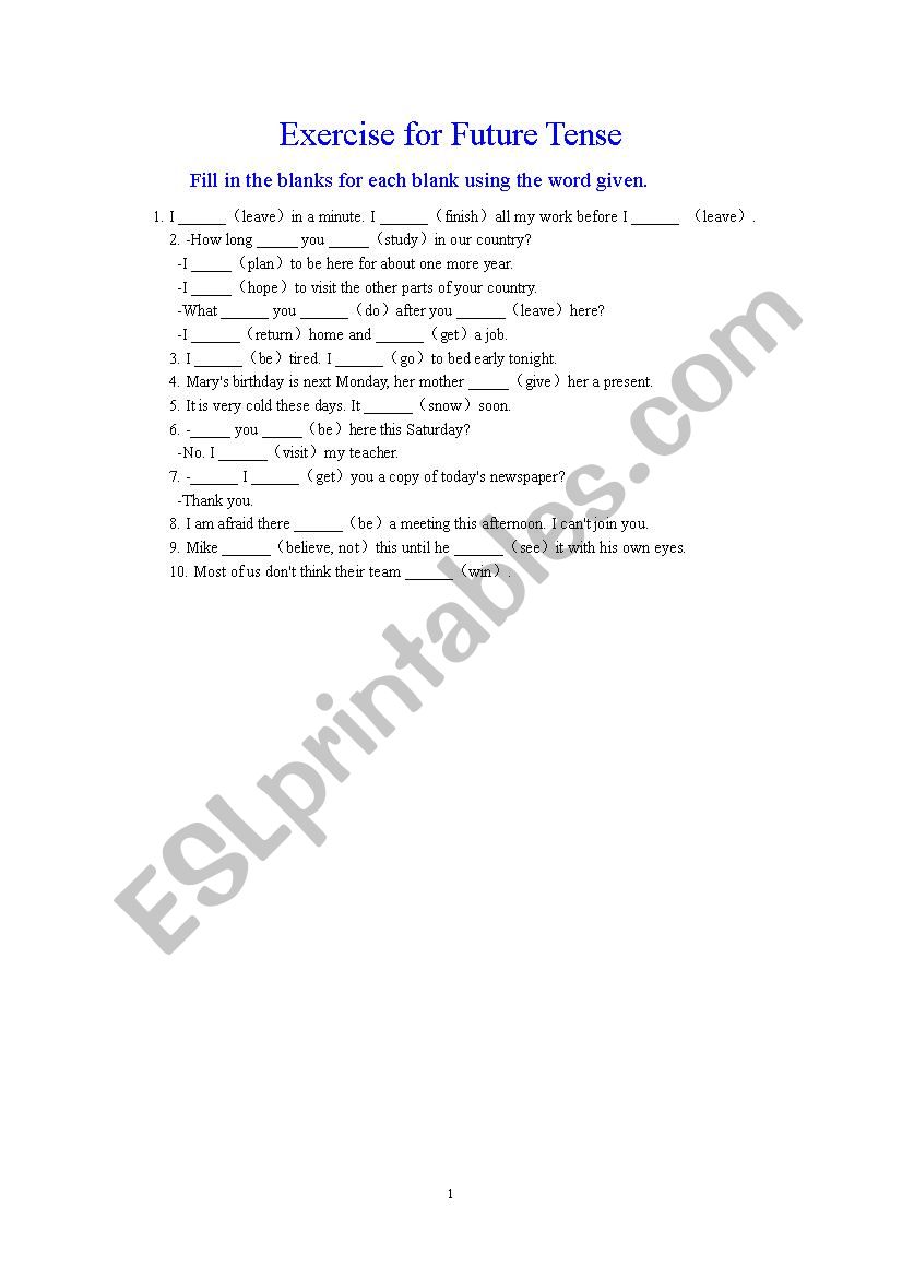 Exercise for Future Tense worksheet