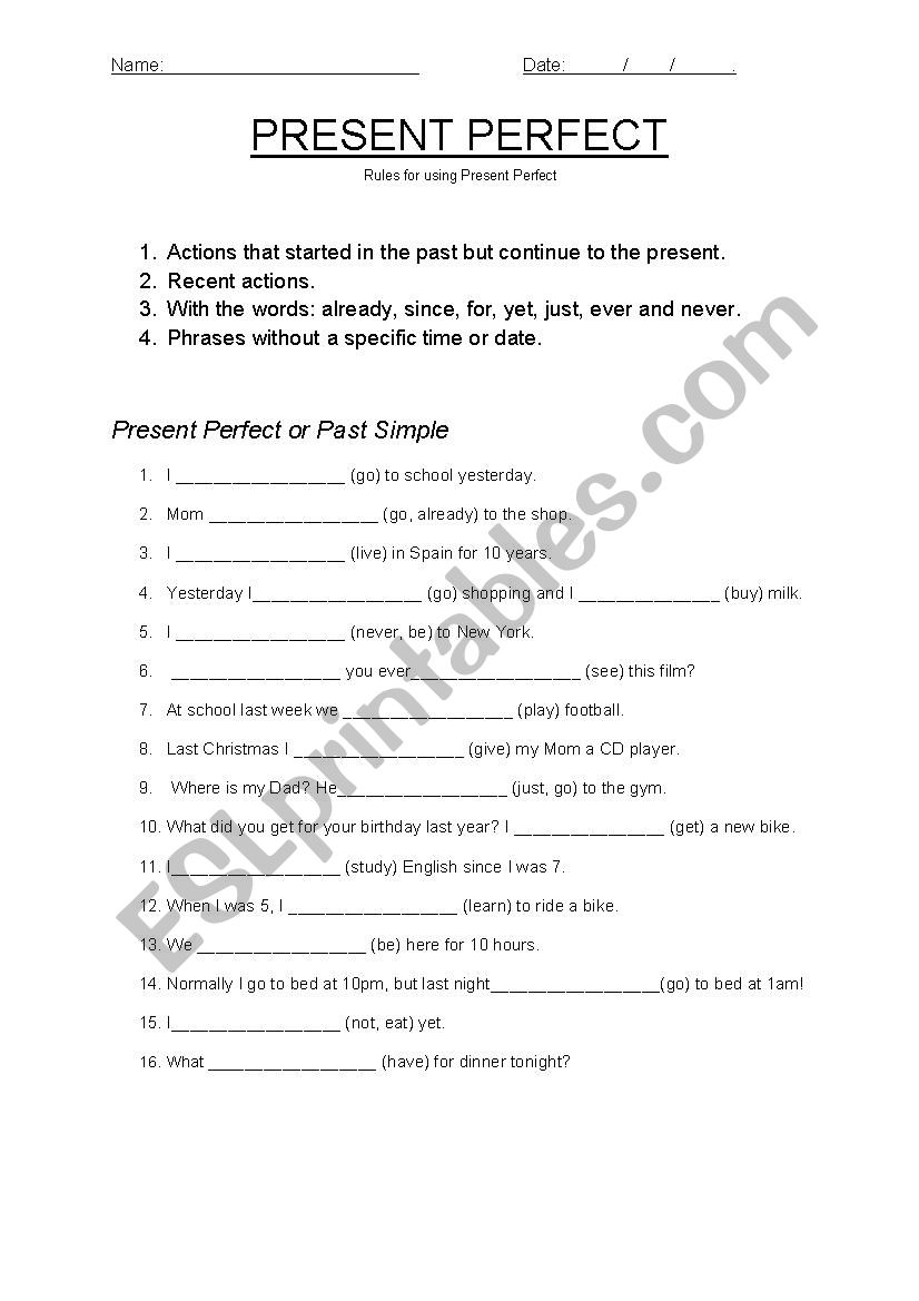 Rules for using Present Perfect and Exercises. - ESL worksheet by ...