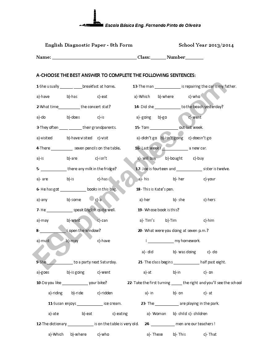 Diagnostic Test worksheet