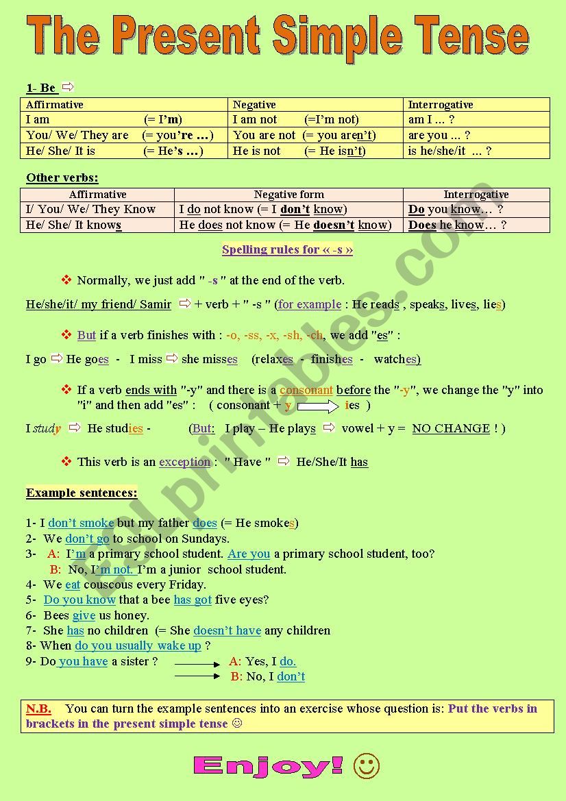 The Present Simple Tense (to be and also other verbs) 