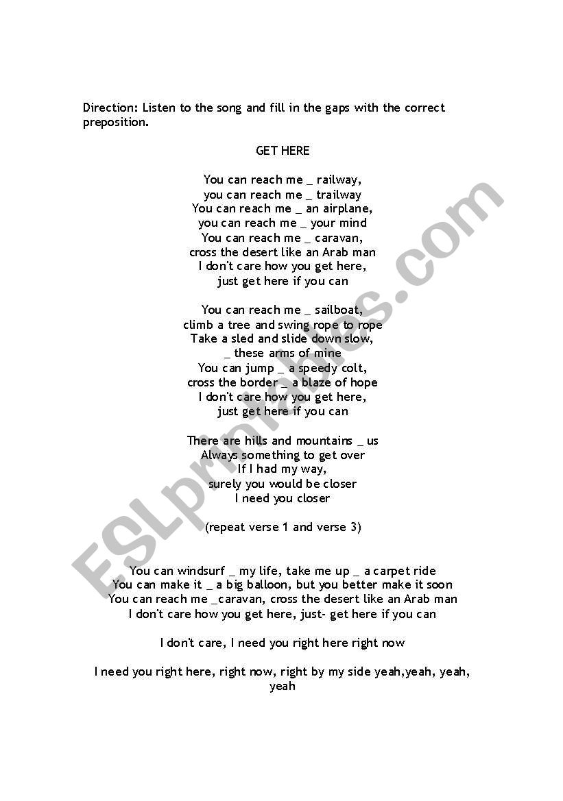 Preposition Song worksheet