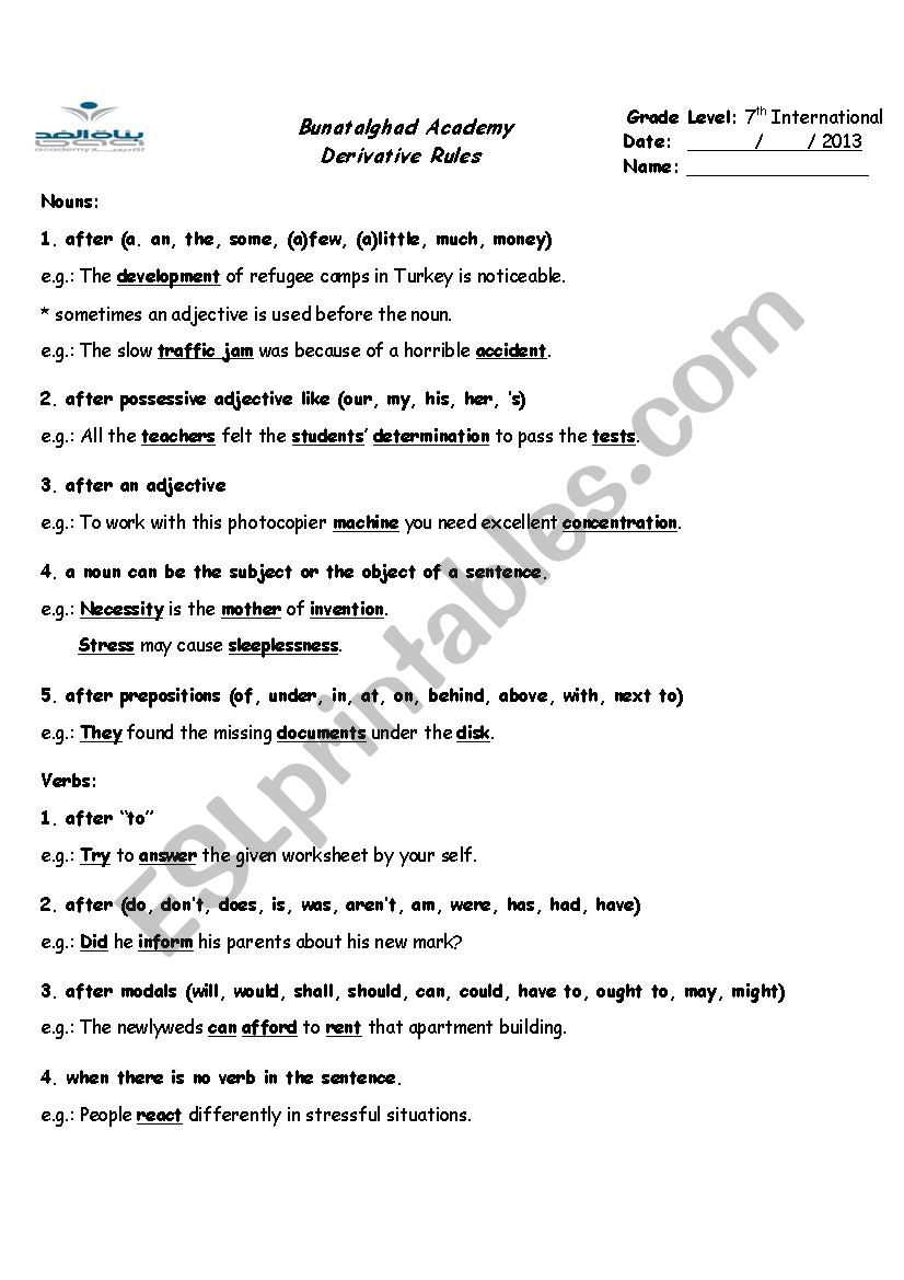 Derivative Rules worksheet