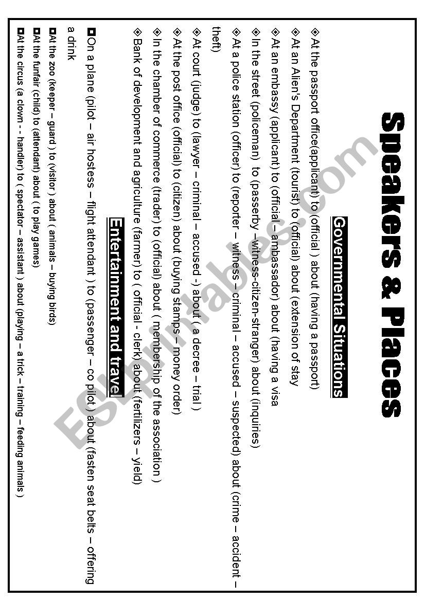 speakers and places worksheet