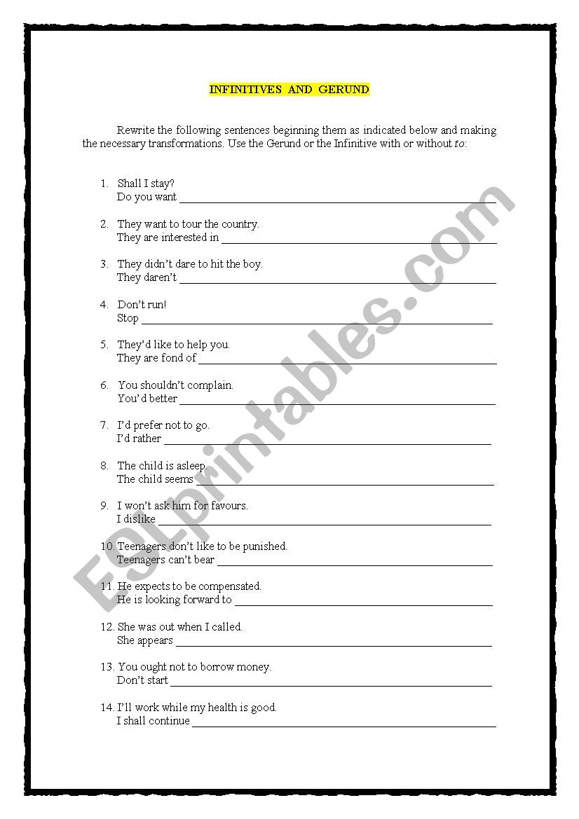 Infinitives and gerunds worksheet