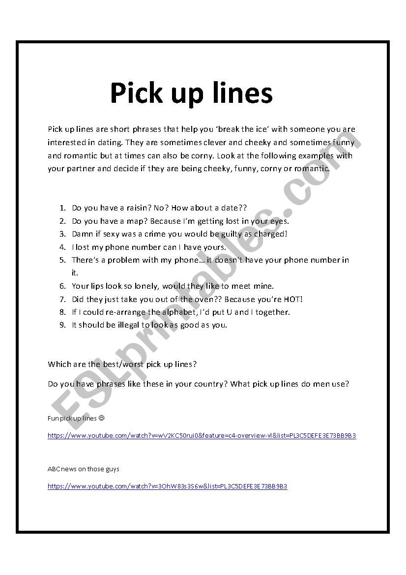 Pick up lines discussion lesson - ESL worksheet by fsmail