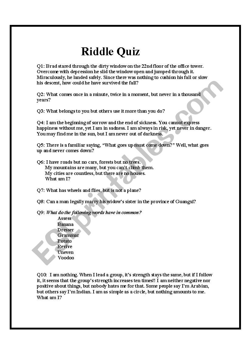 Riddle Me This Riddle Me That Esl Worksheet By Fsmail