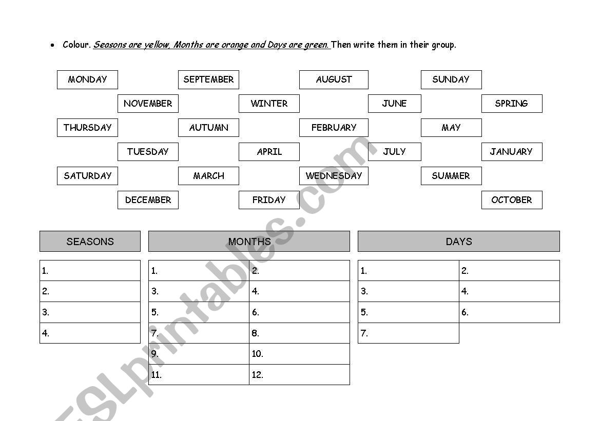 DAYS, MONTHS AND SEASONS worksheet