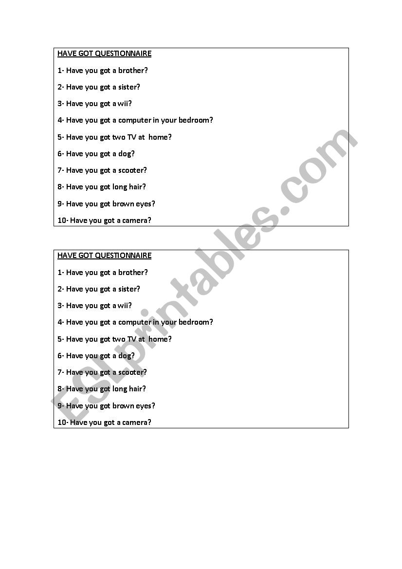 Have got - questionnaire worksheet