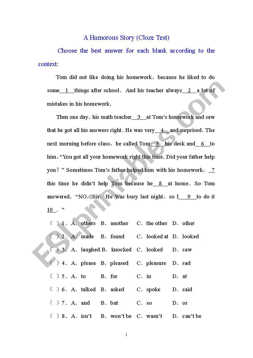 A Humorous Story (Cloze Test) worksheet