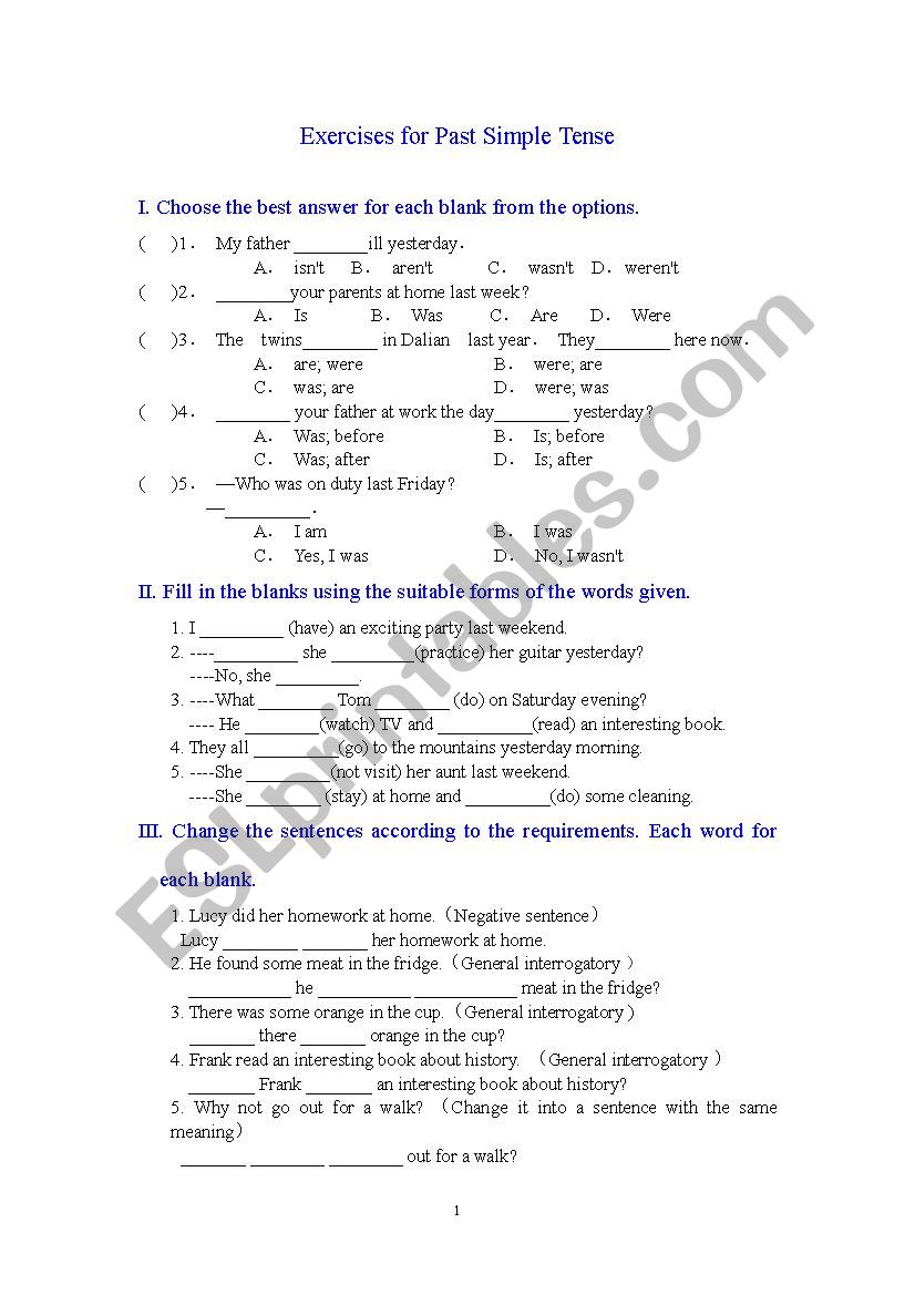 Exercises for Past Simple Tense