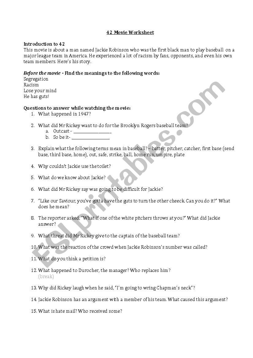 42 Movie Worksheet worksheet