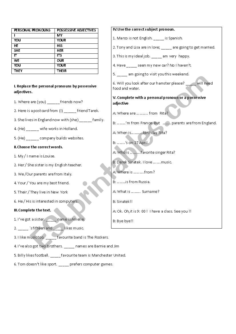 personal pronouns vs possessive adjectives