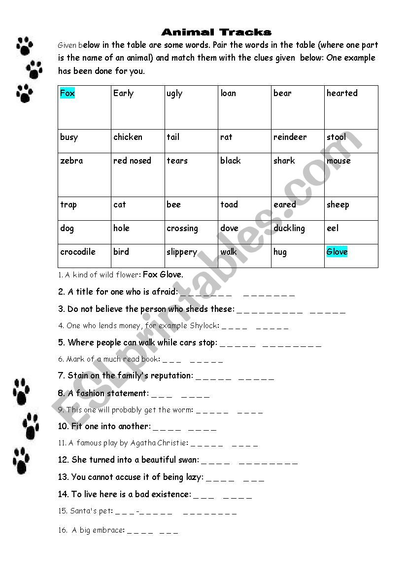 Animal Tracks worksheet