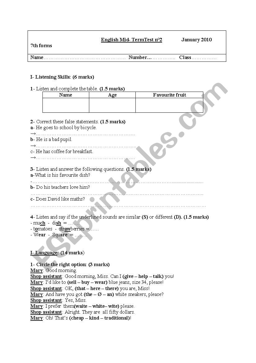 7th form test worksheet