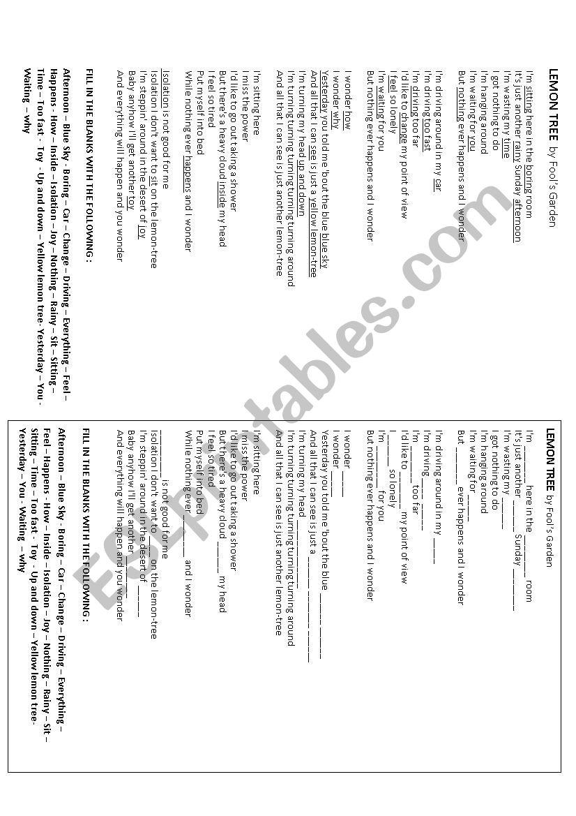 Lemon Tree Song Worksheet worksheet