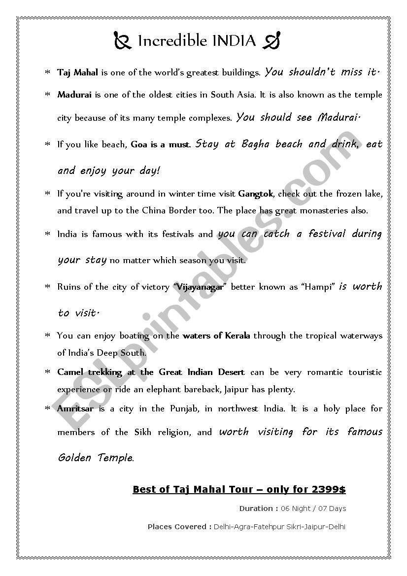 Visit India worksheet