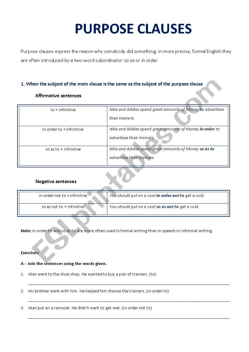 Purpose Clauses worksheet