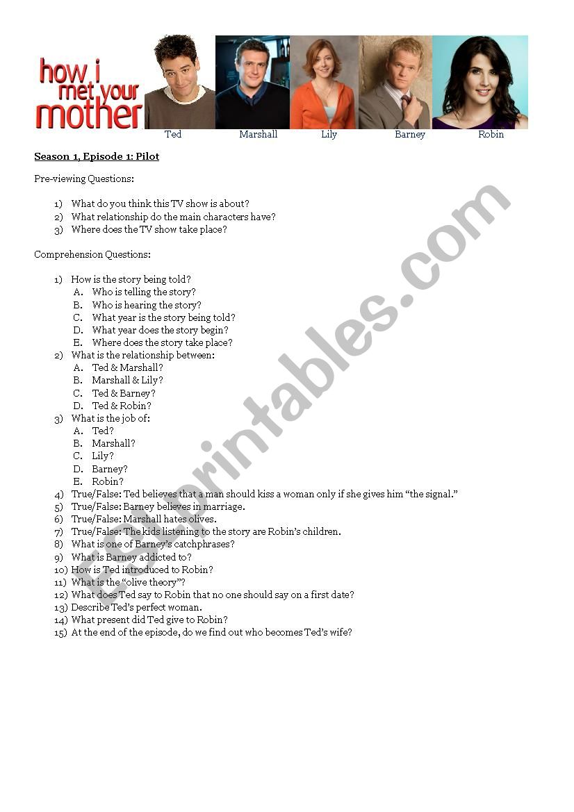 How I Met Your Mother 1x01 worksheet How I Met Your Mother 1x01 worksheet