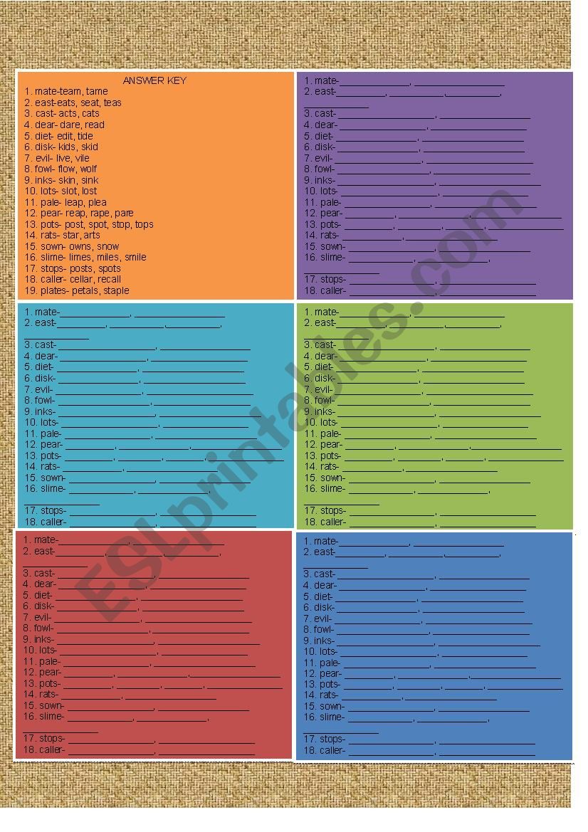 Anagram Printable Worksheets Free