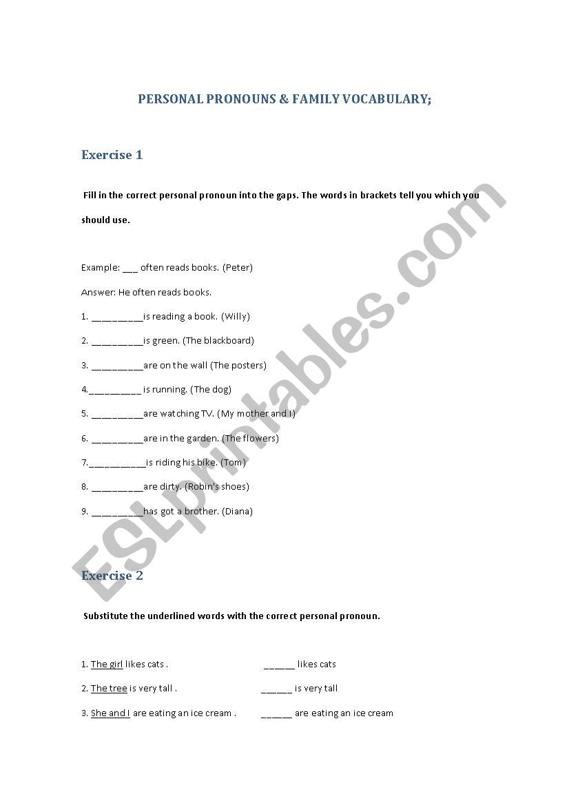 Personal Pronouns and family worksheet