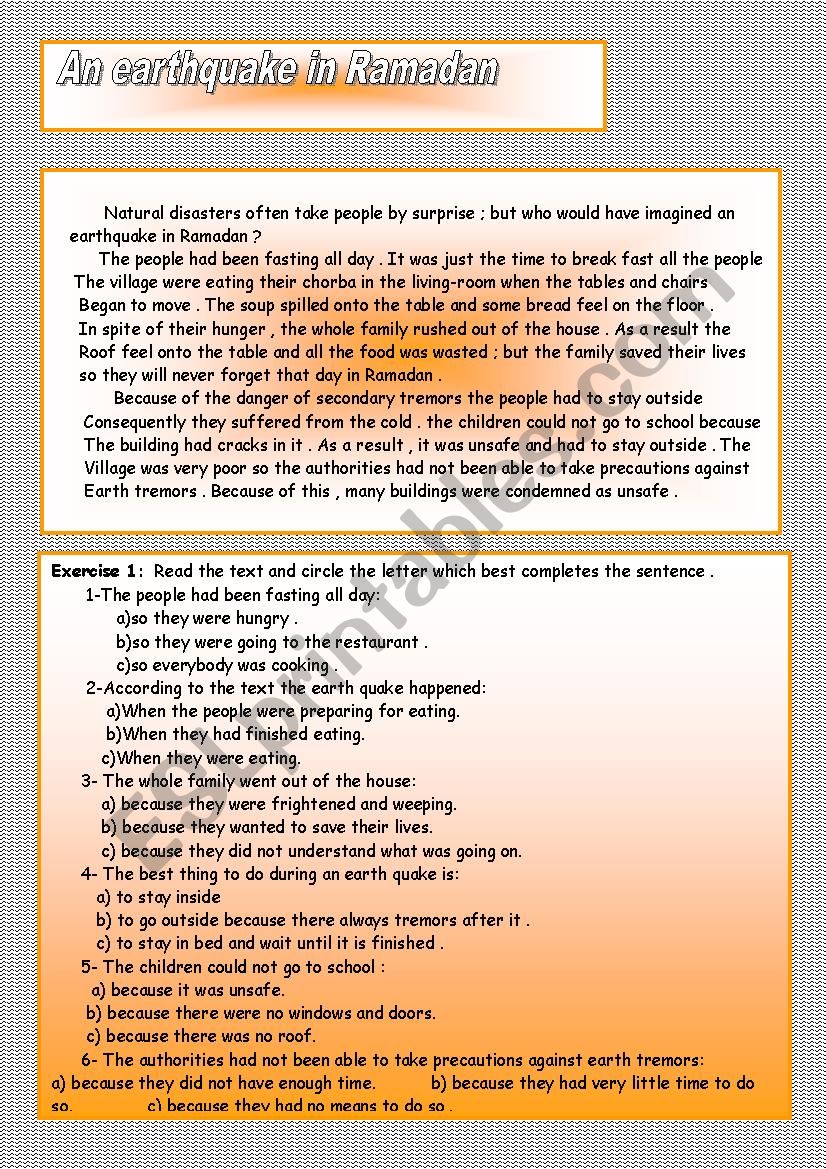 an earthquake in Ramadan worksheet