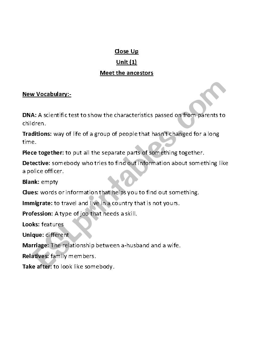 close up series B1 worksheet