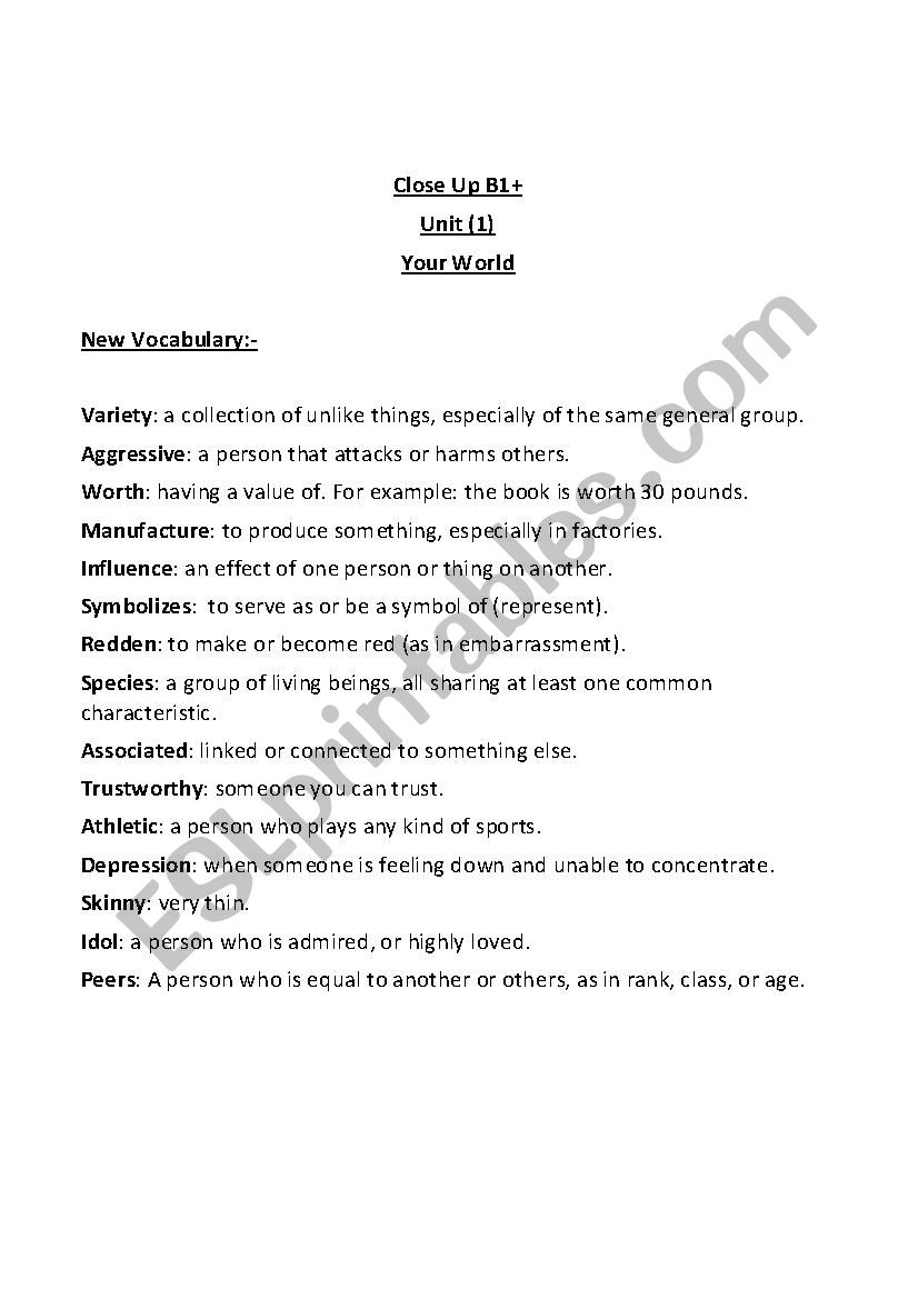 close up series B1+ worksheet