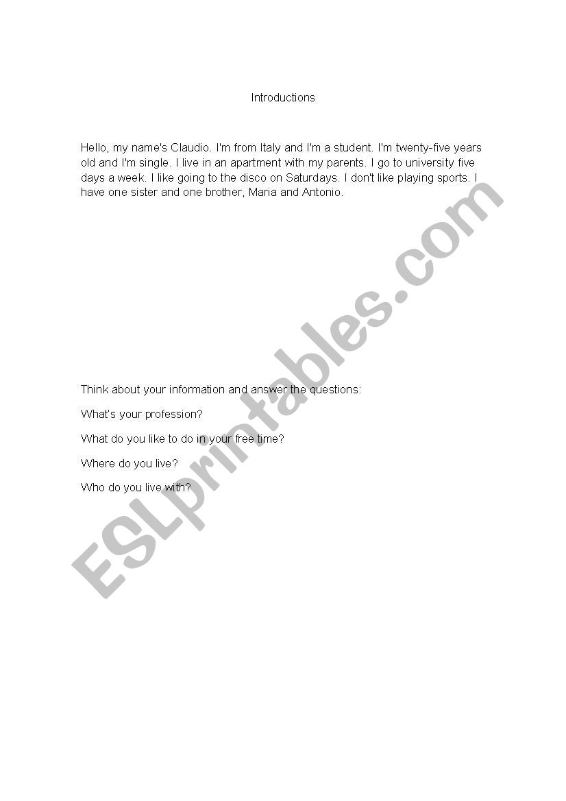 Introductions worksheet