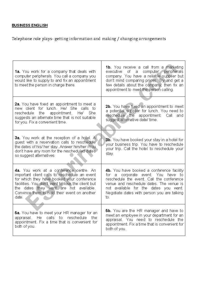 Telephone role plays worksheet