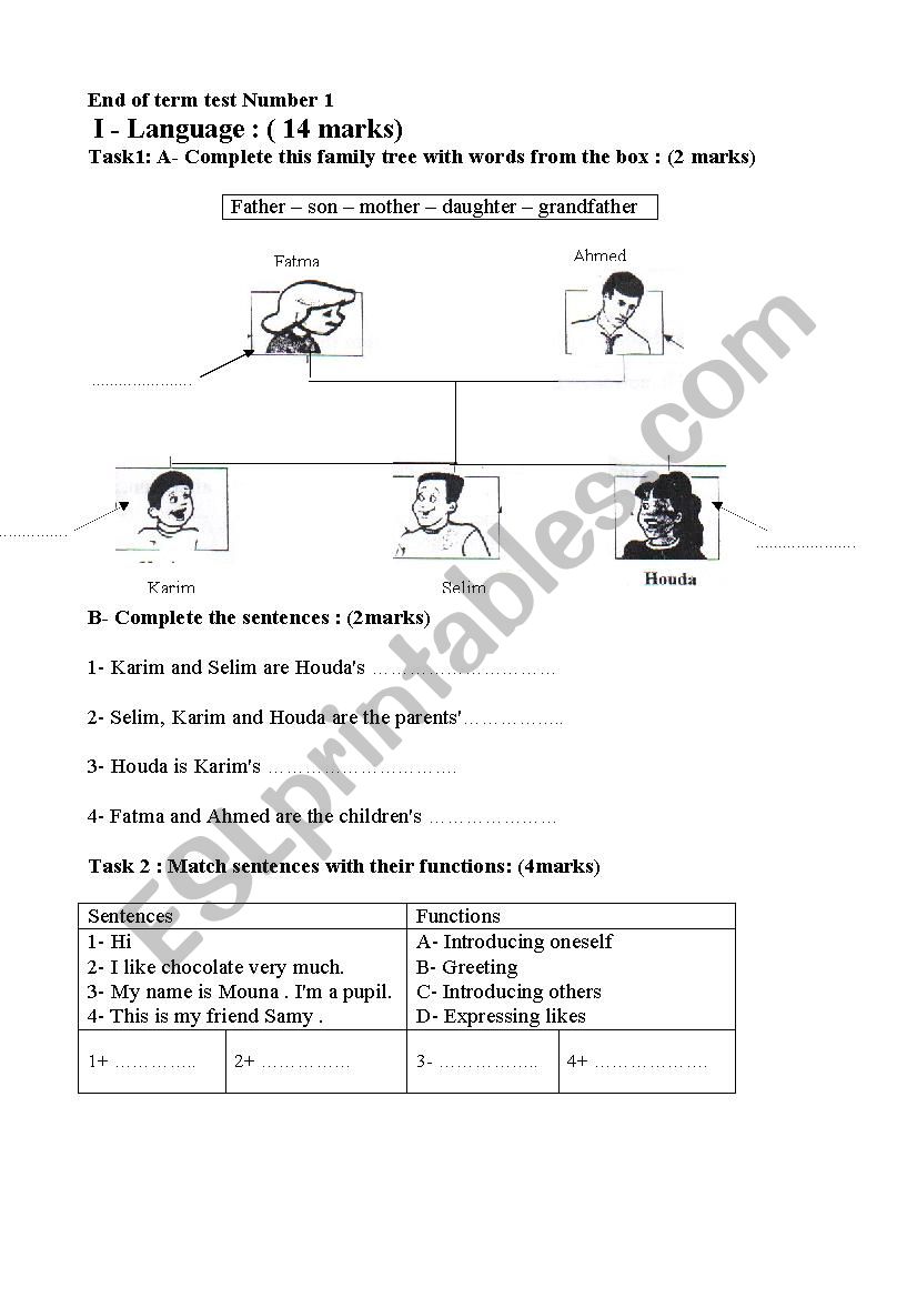 End of term test number 1. 7th form tunisian basic education