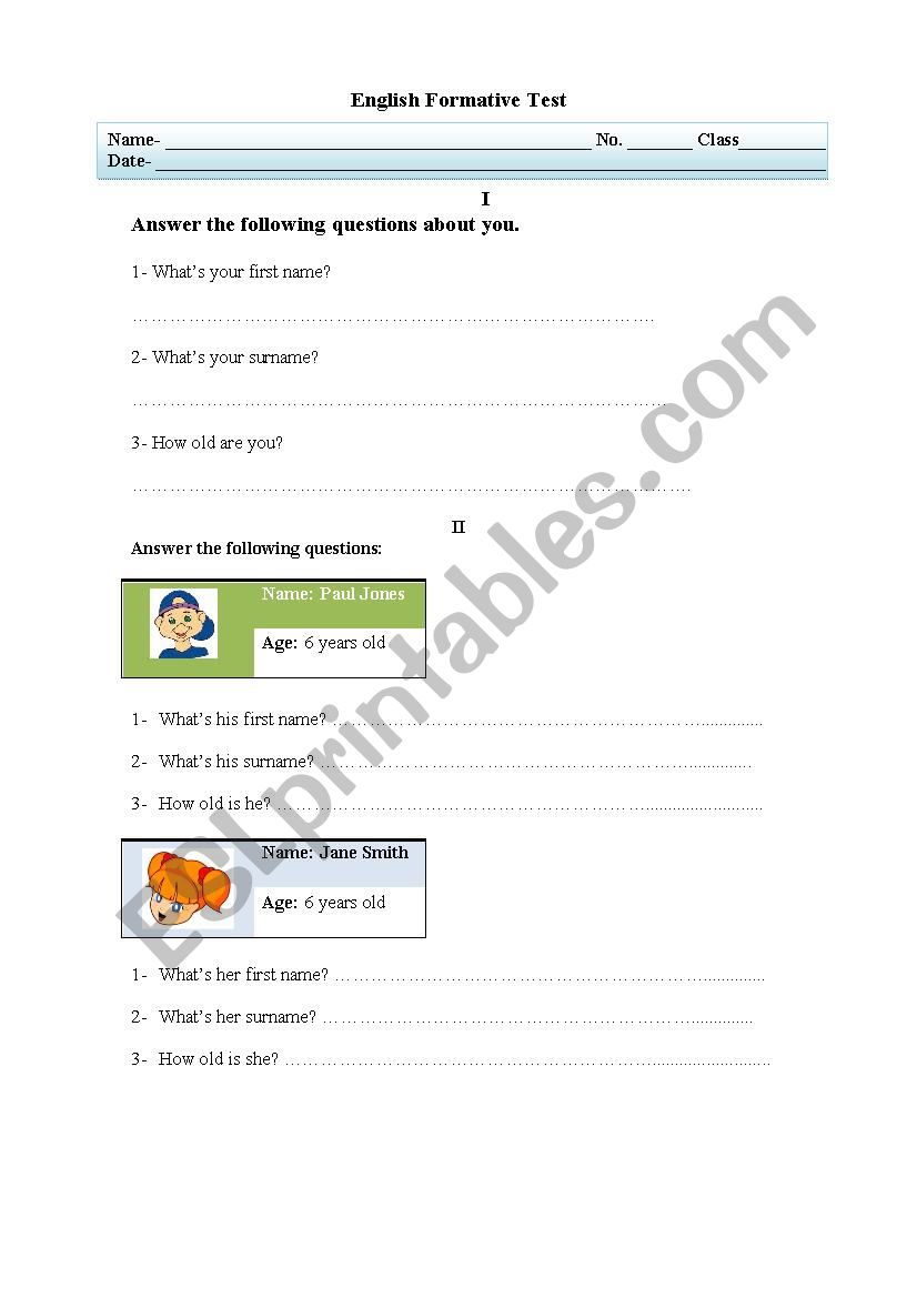 Name Surname age cardinal numbers - Formative test