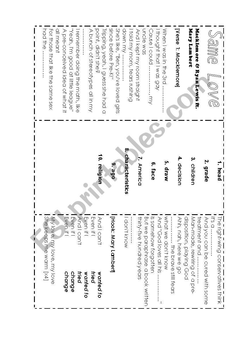 Same Love- Mackelmore song worksheet