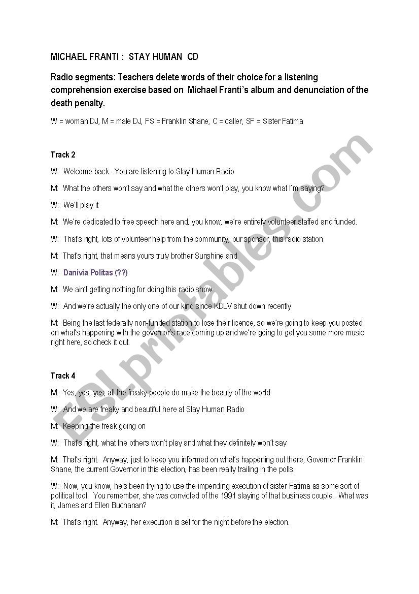 Stay human by Michael Franti worksheet