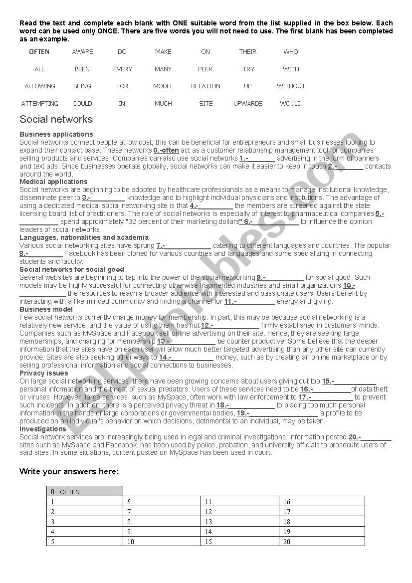 Social Network worksheet