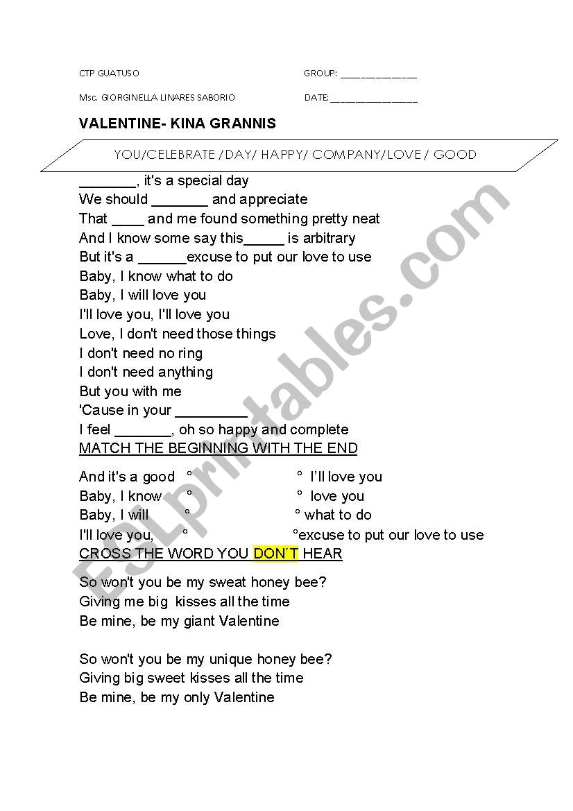 Valentines day song worksheet