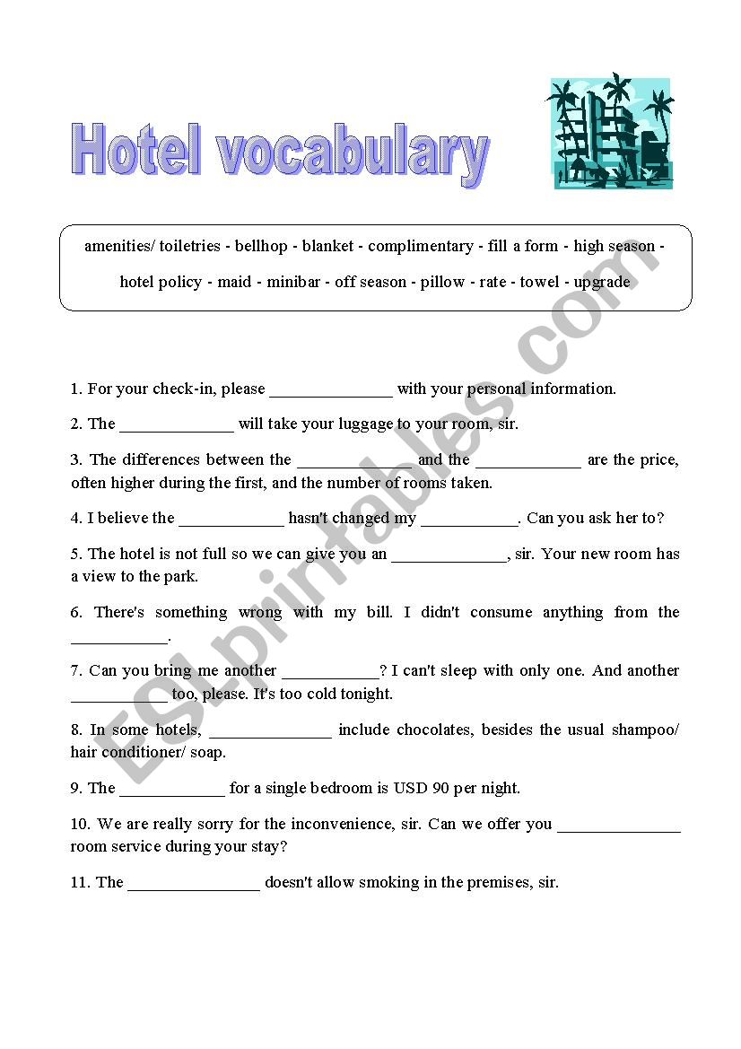 Hotel vocabulary worksheet