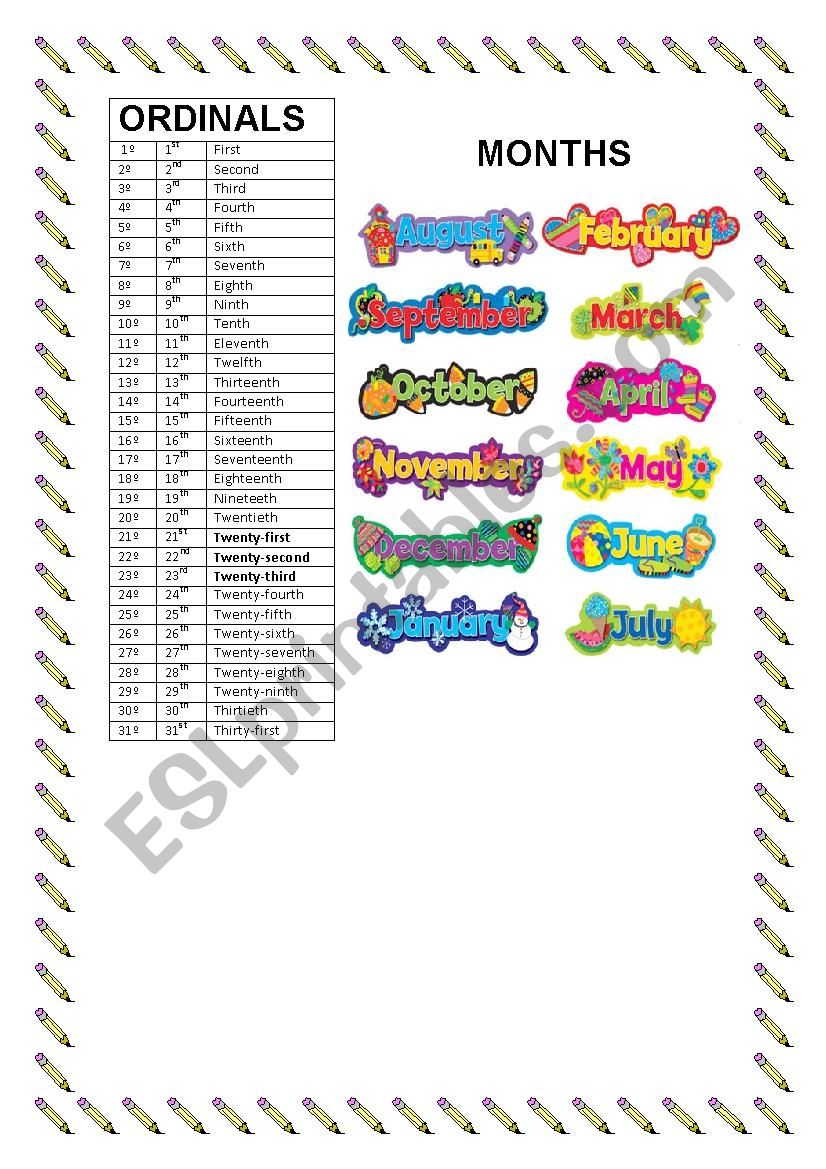 Ordinal Numbers and Months. worksheet