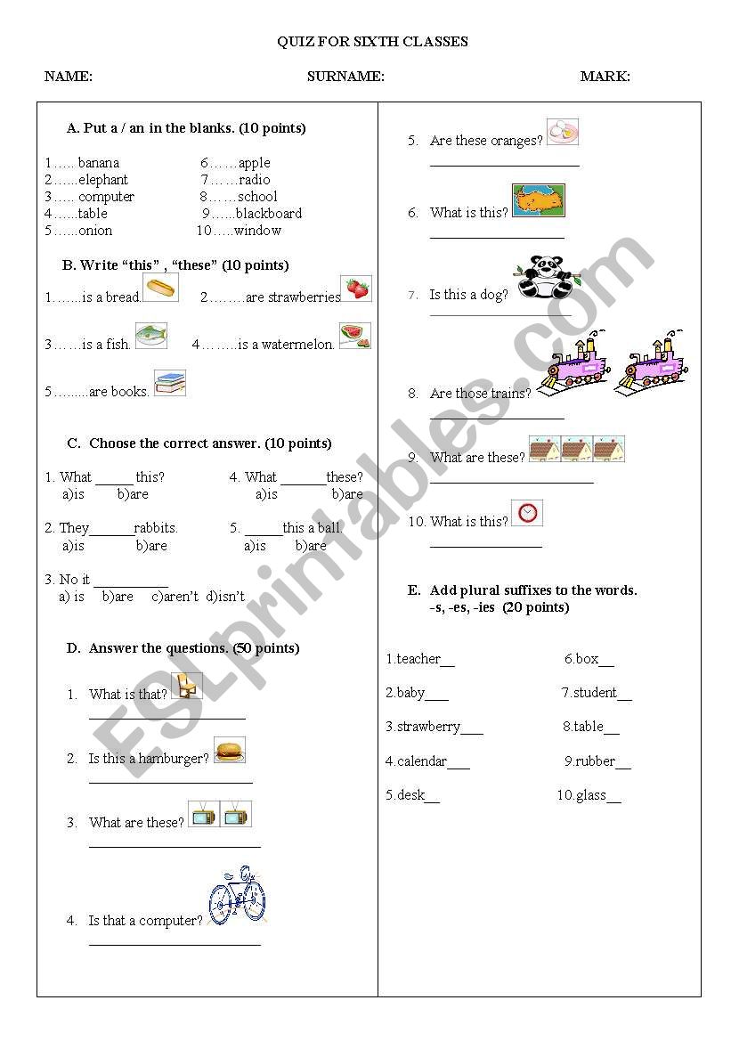 quiz with demonstratives worksheet