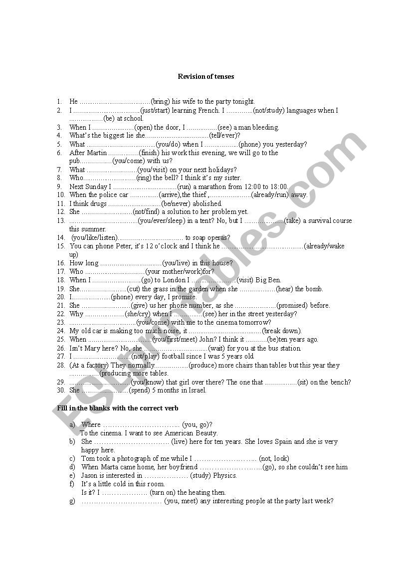 revision of tenses worksheet