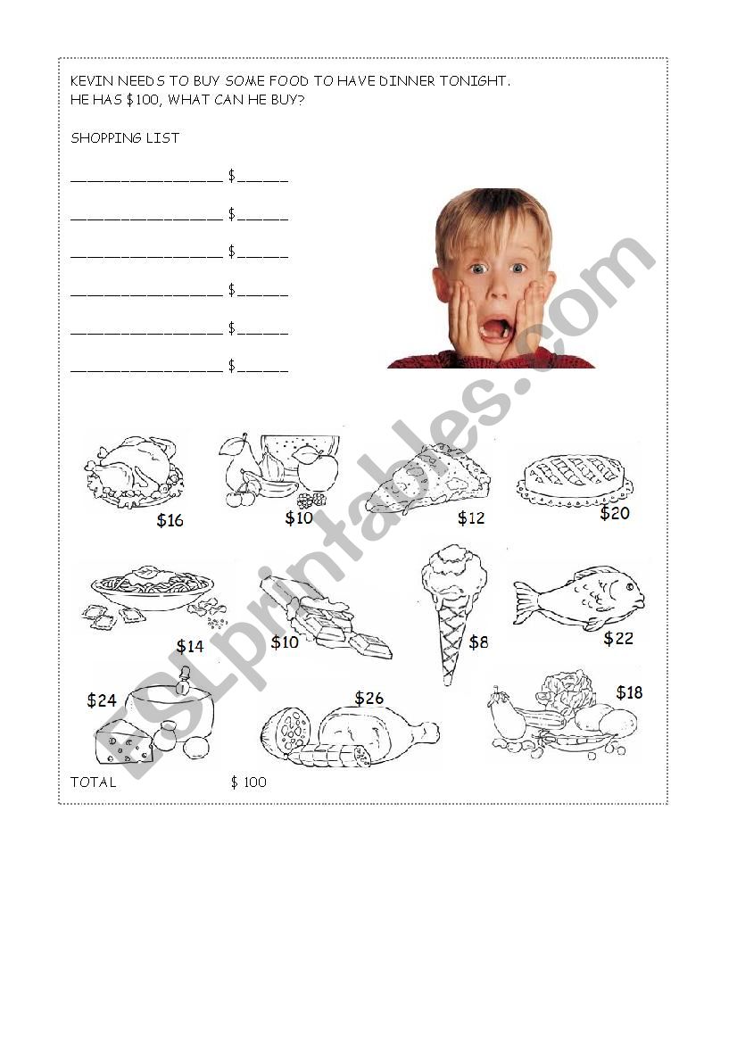 Kevin´s shopping list - home alone - math - problem solving