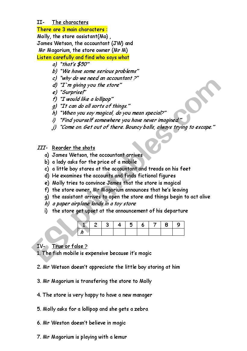 Mr Magorium part 2 worksheet