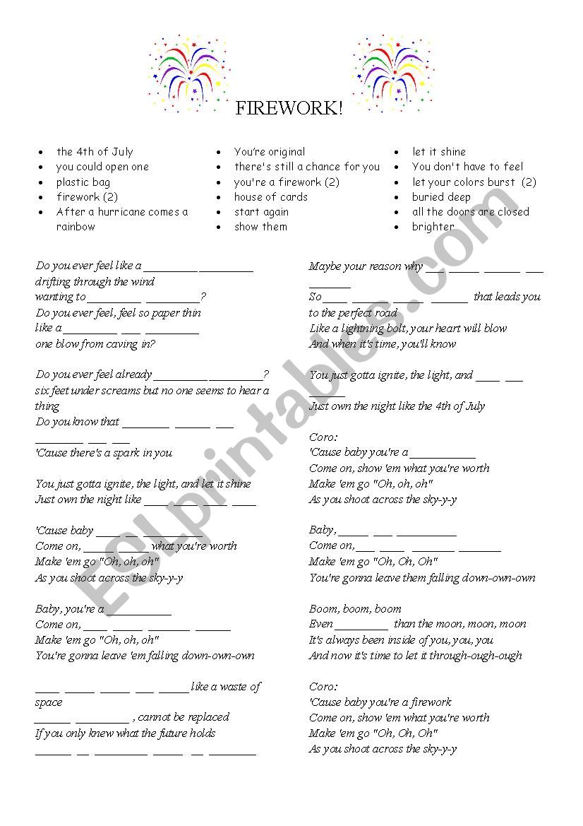 Firework - Katy Perry worksheet