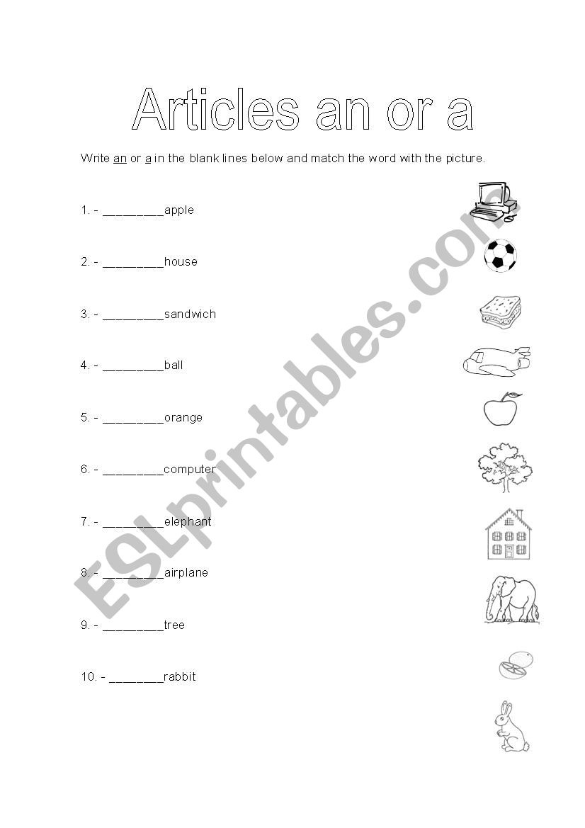Indefinite articles worksheet