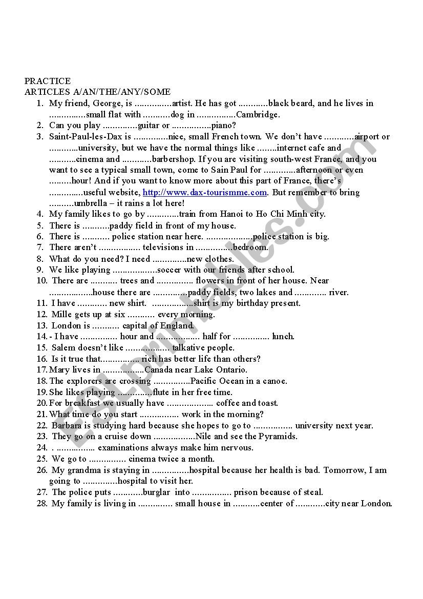 Articles practice worksheet