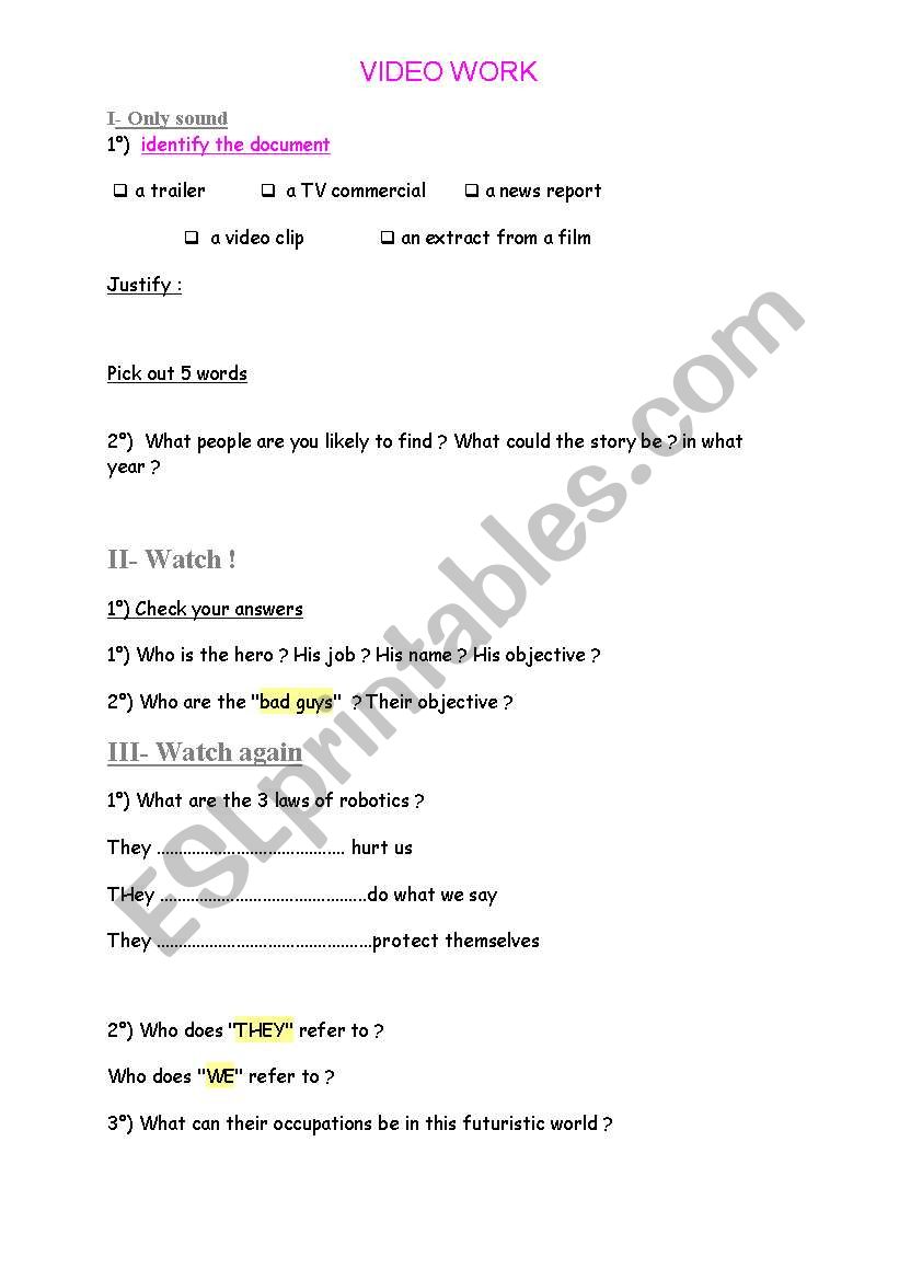 I, robot trailer worksheet