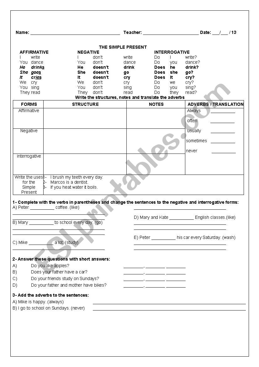 SIMPLE PRSENT REVIEW worksheet