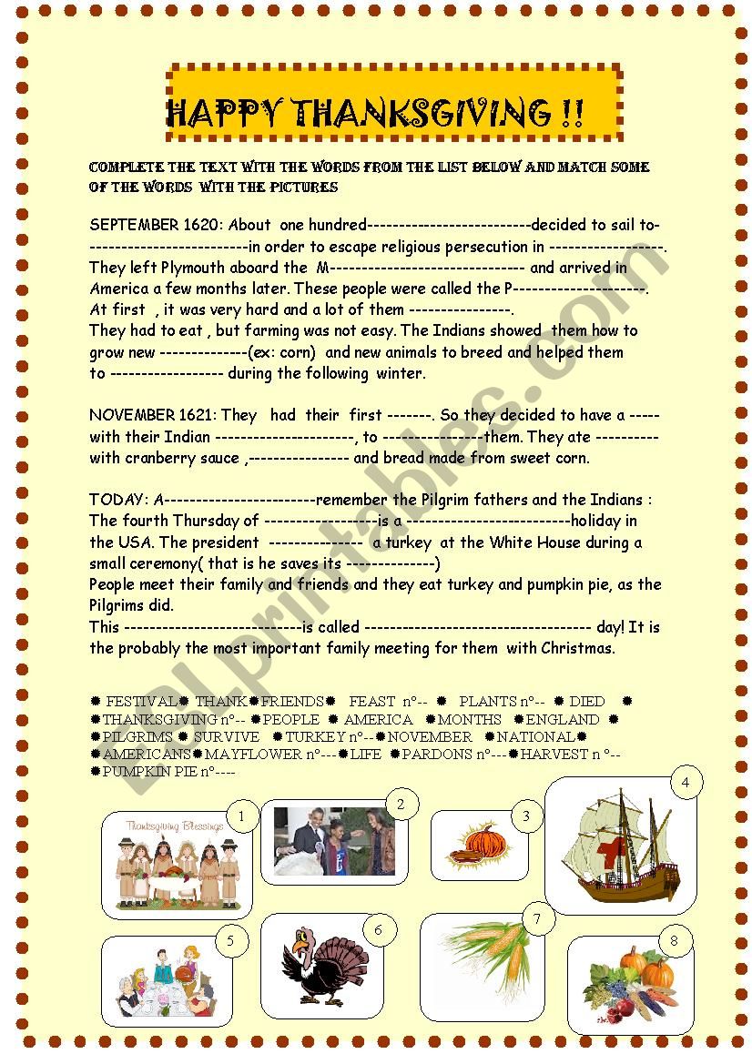 Thanksgiving : easy  reading worksheet