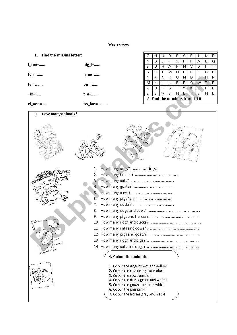 Animals, colours and numbers worksheet