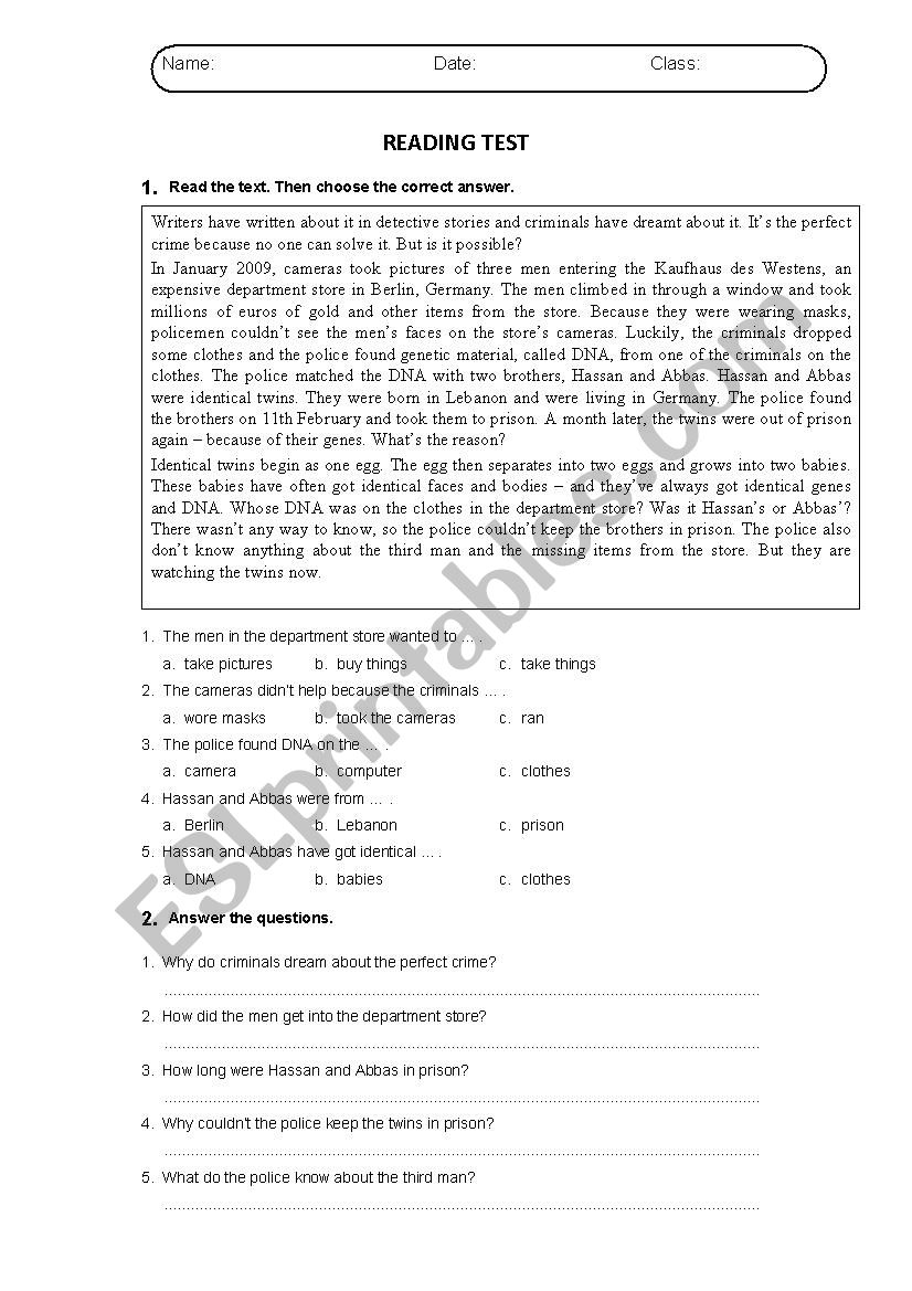 Reading Test 1 worksheet