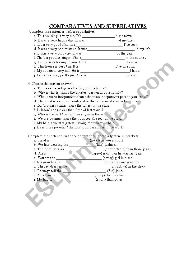 Comparative and Superlative worksheet